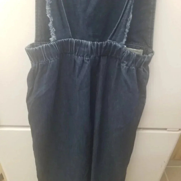 Zara Woman Premium Denim Wide  Leg Dark Wash Raw Hem Cropped Overalls M - Picture 10 of 14
